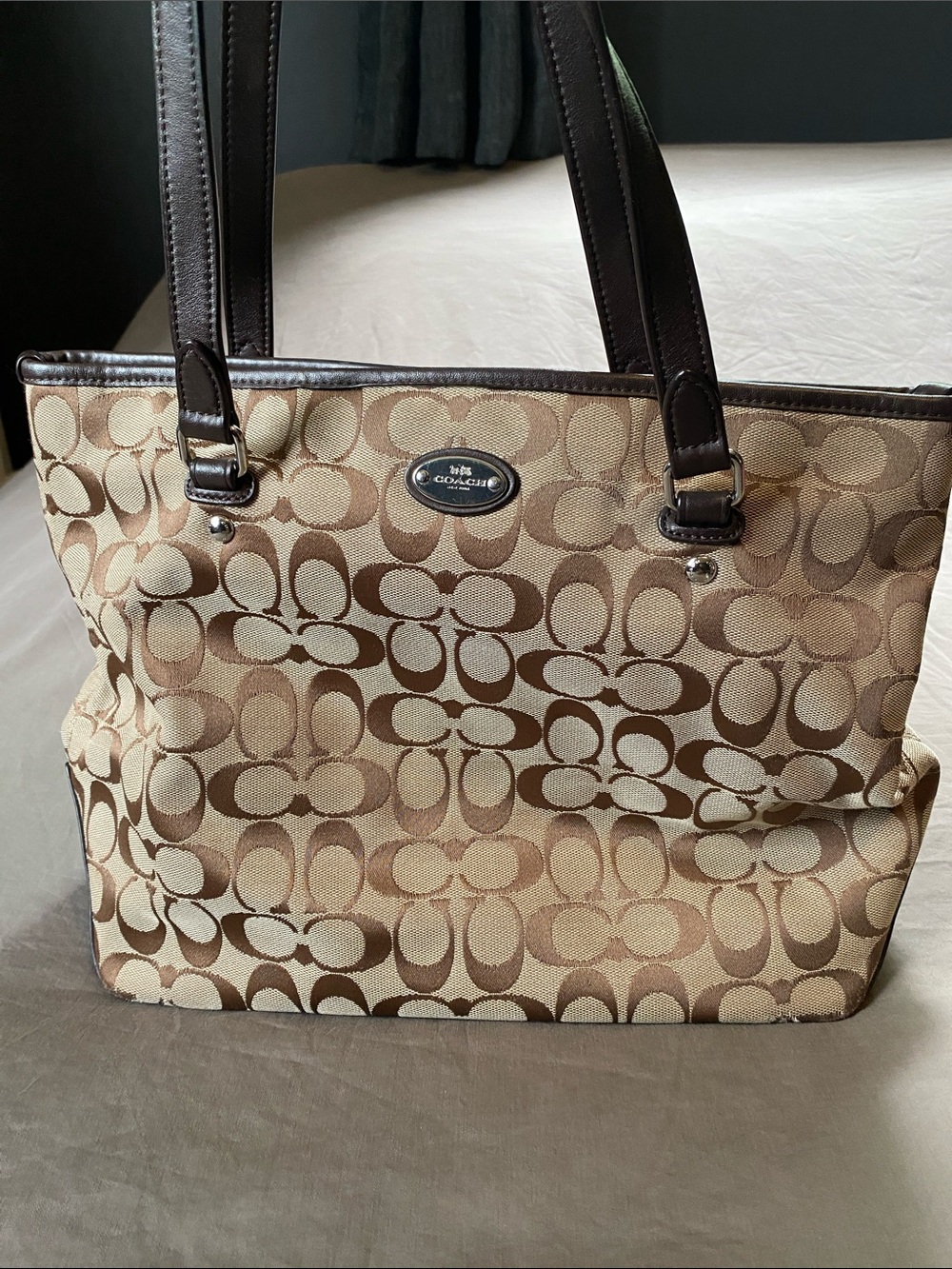 Coach Canvas Tote in Khaki and Brown with Signature C Pattern